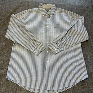 Izod Shirt Mens Large Blue Stripe Button Down Long Sleeve 100% Cotton Pocket‎